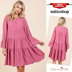 Mittoshop Tiered Detail Notch Neck Flare Sleeves Relaxed Fit Mini Dress | Rose